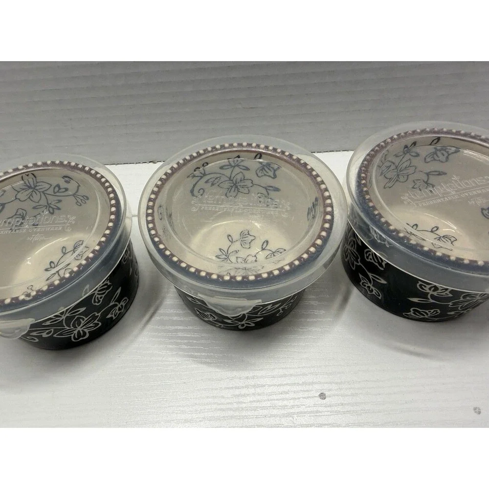Set Of 3 temp-tations Presentable Ovenware Floral Lace 5 oz. with Lids 818052